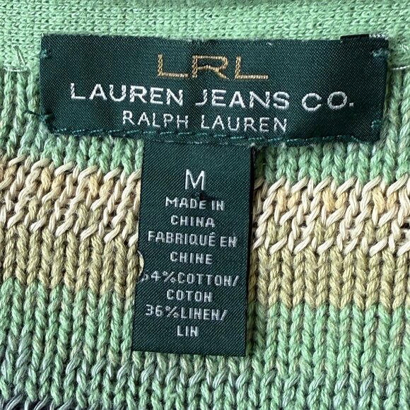 LRL Southwestern Aztec Knit Pullover Sweater Medium Green Striped Cotton Linen - Picture 5 of 9